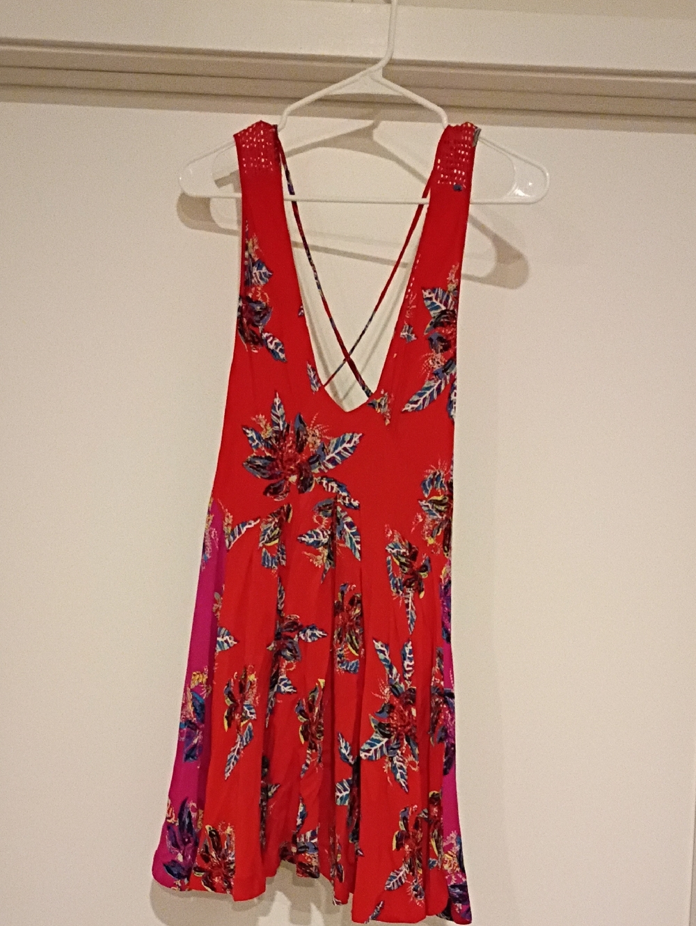Free People Red Floral Backless Sundress with Crisscross Straps